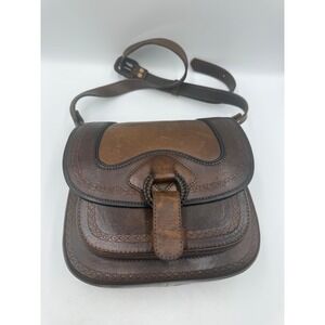 Macainzo Culturas Del Sol Tooled Leather Crossbody Bag Brown Vintage Saddle Bag